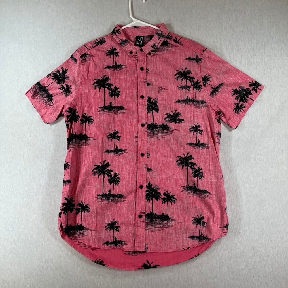 BKLYN Athletics Shirt Mens XL Pink Tropical Palm Tree AOP Island Cotton B/D S/S